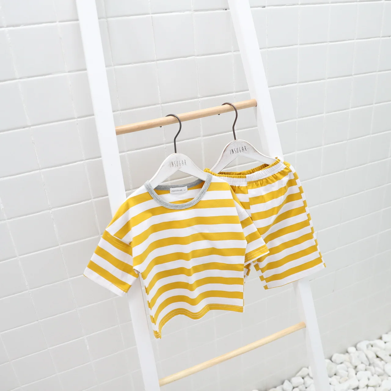 Birthday Tee Boy Girl Baby Net Red Striped Short-sleeved Suit Candy Color Pajamas 2021 Summer Korean Cotton 2 Sets of Children | Детская