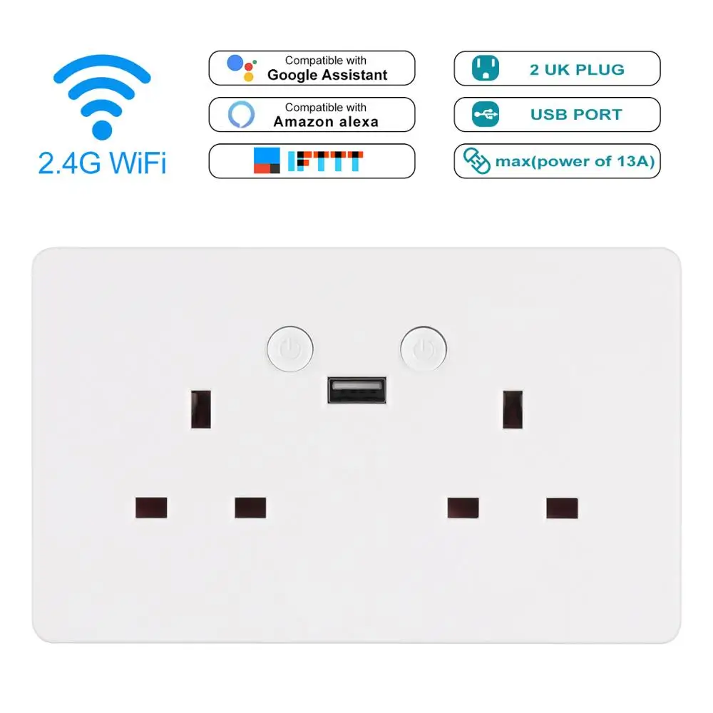 Smart Wall Outlet Dual Sockets UK Plug smart life APP Phone Remote Control Plug compatible with IFTTT Alexa Google Home
Smart Wall Outlet Dual Sockets UK Plug smart life APP Phone Remote Control Plug compatible with IFTTT Alexa Google Home