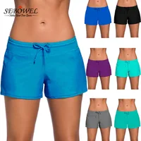 SEBOWEL 2018 Womens Bikini Swimwear Lace Up Beach Shorts Black Wide Waistband Swimsuit Bottom Shorts Female Swim Boardshort XXXL image