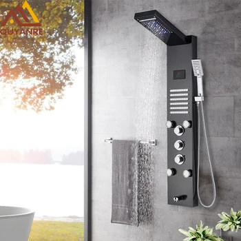 Quyanre Black Hydroelectricity LED Rain Waterfall Shower Panel Massage Spa Jets LCD Digital Display Shower System Shower Column
Quyanre Black Hydroelectricity LED Rain Waterfall Shower Panel Massage Spa Jets LCD Digital Display Shower System Shower Column