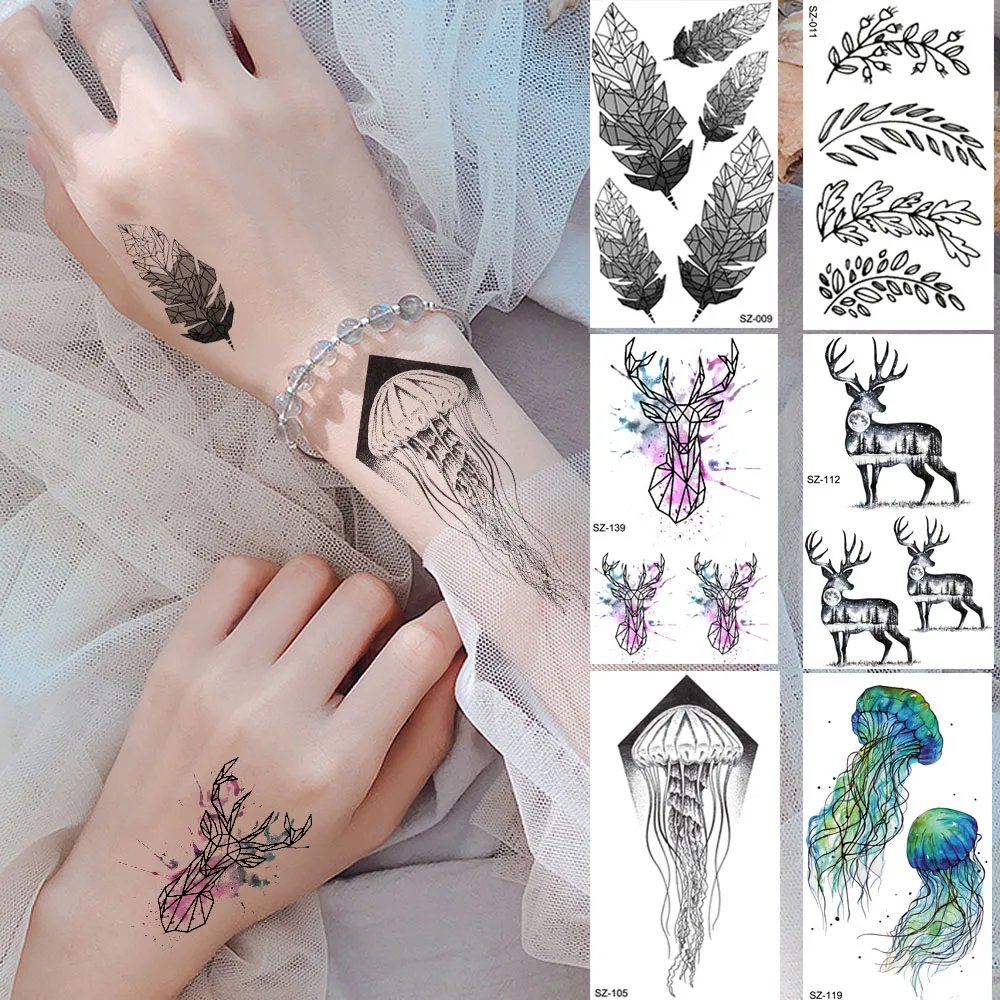 Black Tribe Feather Leaf Tattoo Stickers Women Body Arm Temporary Tattoo Paste Men Wrist Flash Elk Waterproof Tatoos Jellyfish
Black Tribe Feather Leaf Tattoo Stickers Women Body Arm Temporary Tattoo Paste Men Wrist Flash Elk Waterproof Tatoos Jellyfish