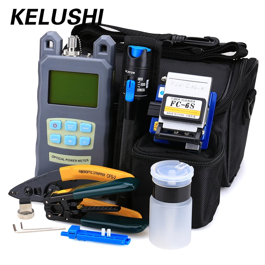 KELUSHI 9pcs/set FTTH Tool Kit with FC-6S Fiber Cleaver and Optical Power Meter 1mW Visual Fault Locator Fiber Optic Stripper
KELUSHI 9pcs/set FTTH Tool Kit with FC-6S Fiber Cleaver and Optical Power Meter 1mW Visual Fault Locator Fiber Optic Stripper