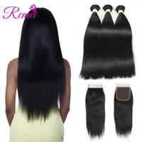 Rcmei Brazilian Straight Hair Human Hair Bundles with Closure 3 Bundles With Closure Natural Color Non Remy Human Hair Extension image