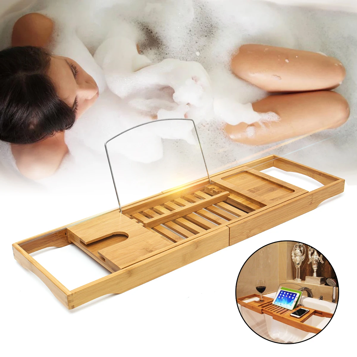 Luxury Bamboo Bath Bridge Tub Caddy Tray Rack - Bathtub