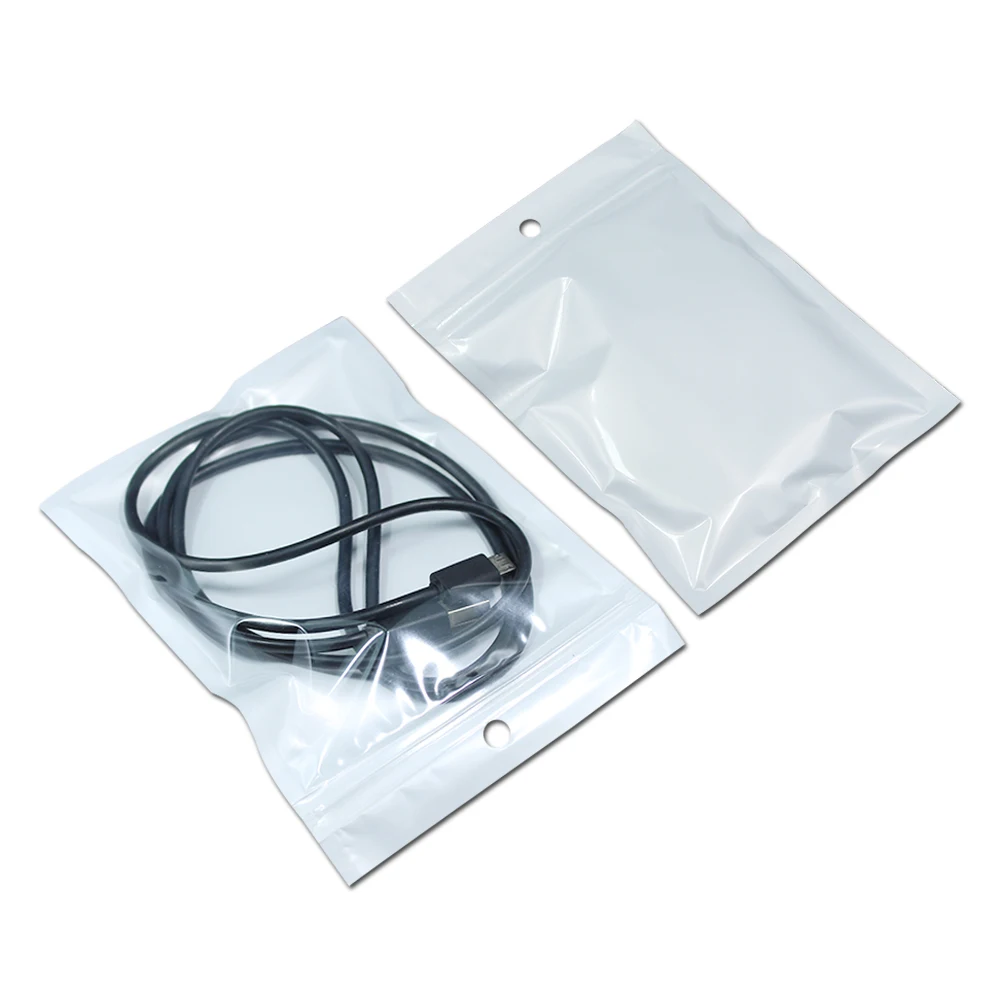

200Pcs 10.5x15cm (4.1x5.9inch) Clear White Sundries Zip Lock Packaging Bags with Hang Hole Plastic Zipper Retails Charger Pouch