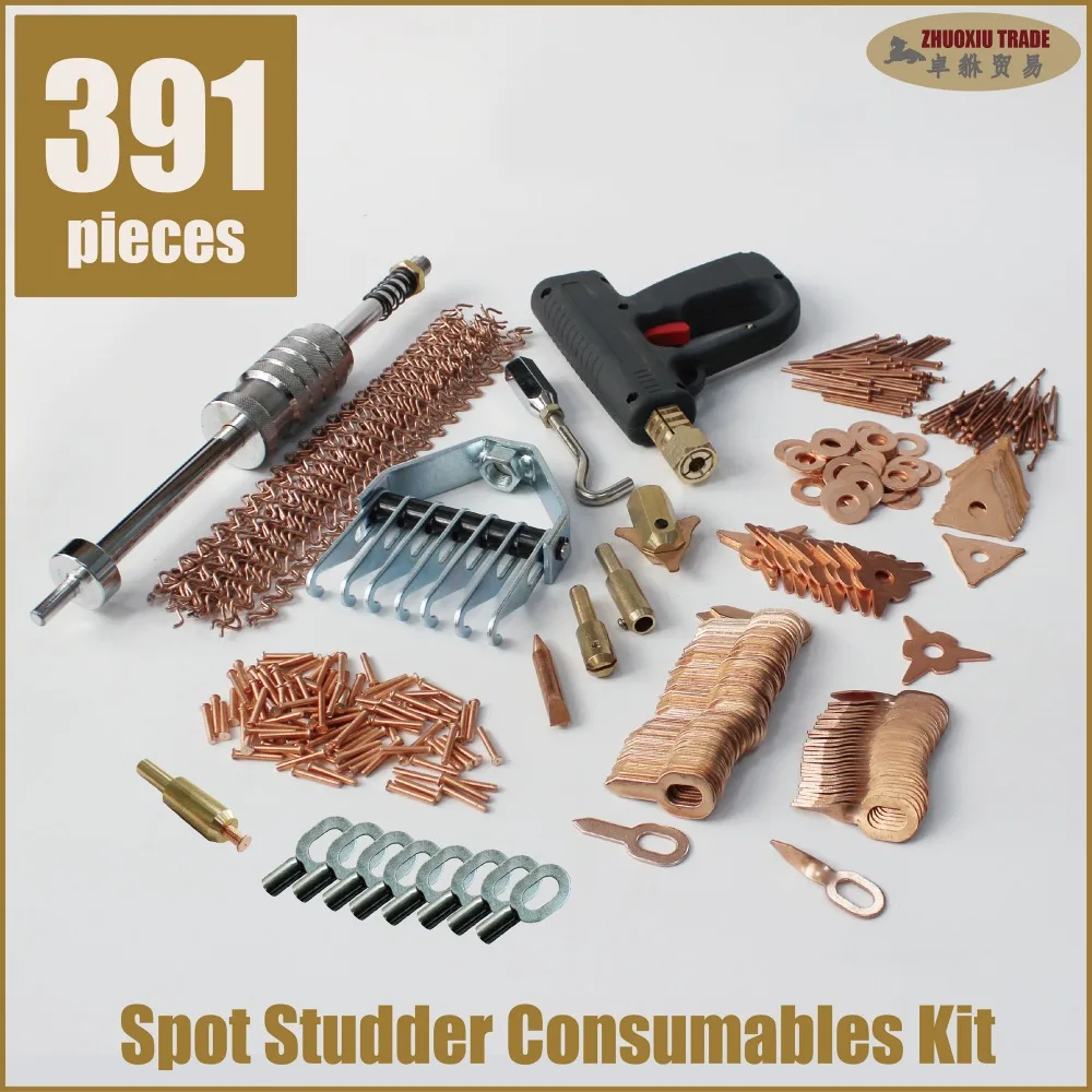 Image 391 pieces car spot welding dent puller kit, 7 finger dent claw, copper coated welding studs   pulling rings(SS 391H)