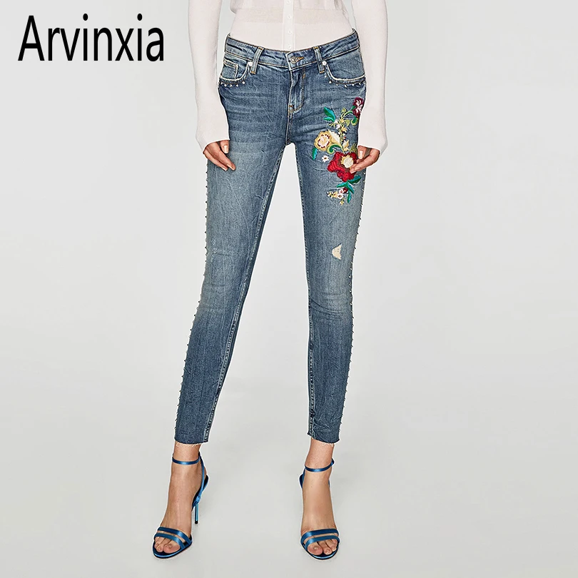 Arvinxia Fashion Floral Embroidery Rivets Woman Jeans New Skinny Straight Style Lady Pants Sexy Pockets Mid Waist Femme Trousers
Arvinxia Fashion Floral Embroidery Rivets Woman Jeans New Skinny Straight Style Lady Pants Sexy Pockets Mid Waist Femme Trousers