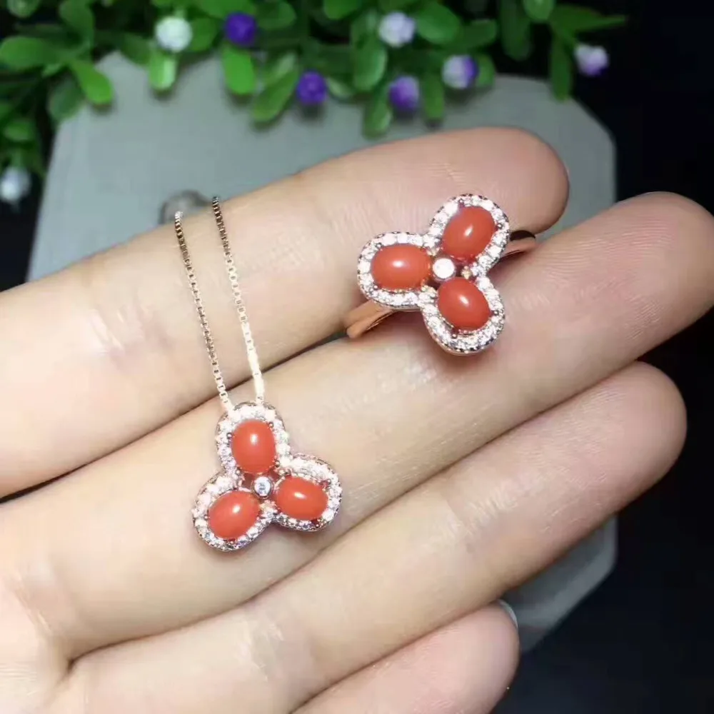 Натуральное кораллово-красное кольцо подвеска из натурального камня комплект