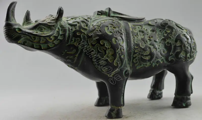 

Elaborate Chinese Collectible Decorated Old Handwork Bronze Carved Big Rhinoceros Statue & Pot See