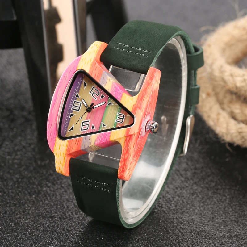Unique Design Triangle Shape Dial Bamboo Wood Watches Women Green/Red Leather Band Quartz Ladies Wrist Watch Wooden Clock Gifts
Unique Design Triangle Shape Dial Bamboo Wood Watches Women Green/Red Leather Band Quartz Ladies Wrist Watch Wooden Clock Gifts