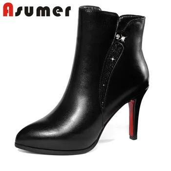 ASUMER 2020 NEW adult pointed toe ankle boots for women solid classic high heels boots popular crystal zip genuine leather boots 
ASUMER 2020 NEW adult pointed toe ankle boots for women solid classic high heels boots popular crystal zip genuine leather boots