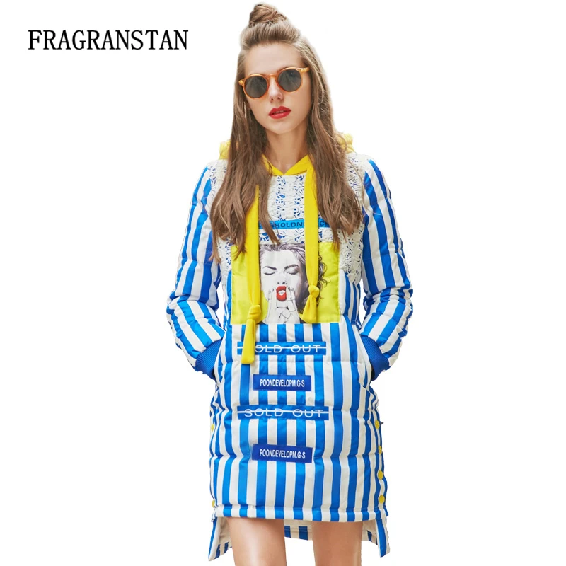 Ladies Winter Fashion Blue White Stripe White Duck Down Jacket Cartoon print Hooded Lace Fabric Stitching Long Women Parkas Y153
Ladies Winter Fashion Blue White Stripe White Duck Down Jacket Cartoon print Hooded Lace Fabric Stitching Long Women Parkas Y153