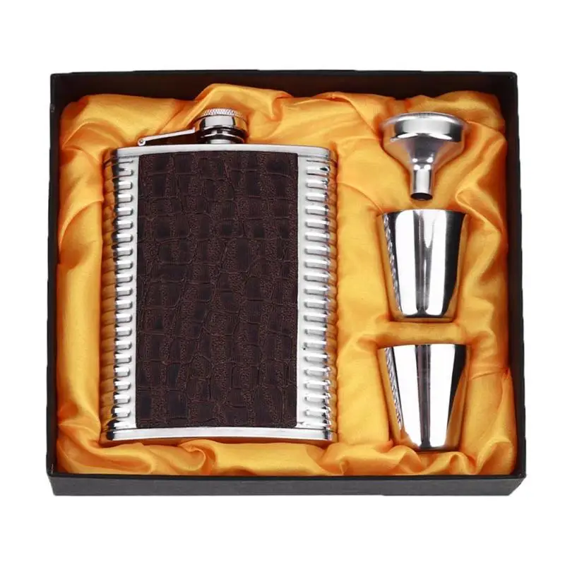 

8oz Leather Stainless Steel Hip Flask Set Whiskey Flagon with Funnel Cups Alcohol Liquor Wine Bottle Portable Pocket Flask