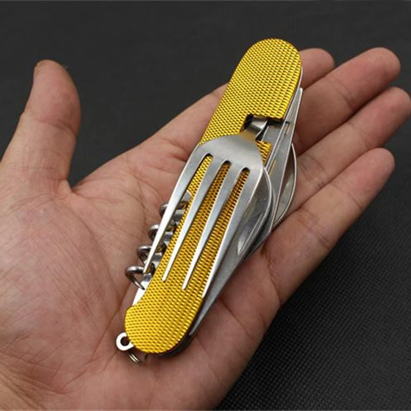 Camping Equipment Multi Tool Multifunctional Tableware Stainless Steel Camping Folding Knife Fork Spoon Set Outdoor Tool Travel
Camping Equipment Multi Tool Multifunctional Tableware Stainless Steel Camping Folding Knife Fork Spoon Set Outdoor Tool Travel