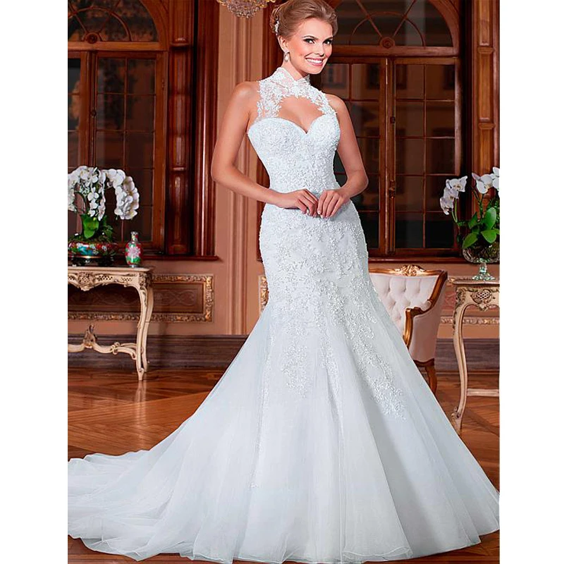 Elegant Mermaid Wedding Dresses Tulle High Neckline Sleeveless Full LengthBridal Gown Formal Occasion With Beaded Lace Appliques
Elegant Mermaid Wedding Dresses Tulle High Neckline Sleeveless Full LengthBridal Gown Formal Occasion With Beaded Lace Appliques