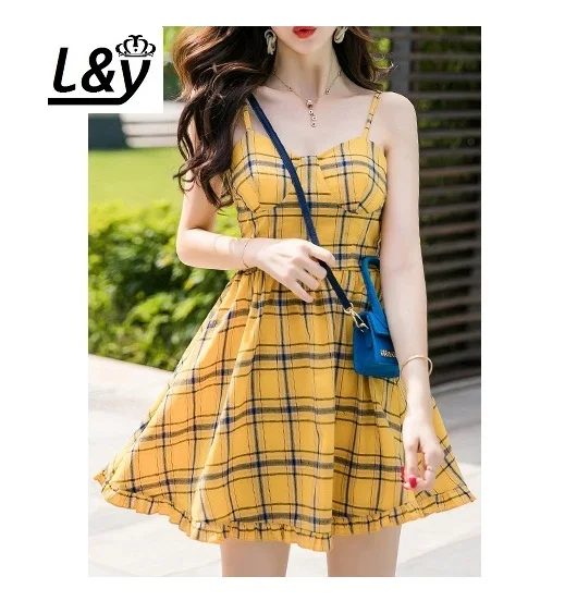 L&Y Plaid Prints Women Dress Summer Vestido Fashion Elegant V-Neck Strap Elastic Back Slim A-Line Mini Ruffle Dress For Ladies
L&Y Plaid Prints Women Dress Summer Vestido Fashion Elegant V-Neck Strap Elastic Back Slim A-Line Mini Ruffle Dress For Ladies
