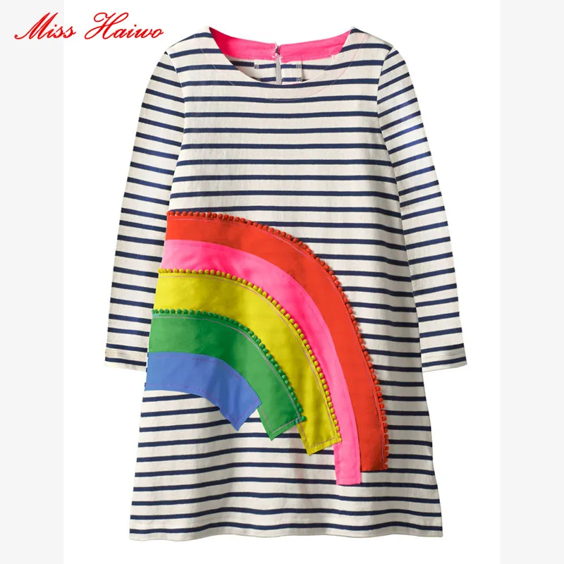 

Miss Haiwo Fall Kids Dresses For Girls Pure Cotton Baby Girl Clothes stripes rainbow color Girls Long Dress Children's Clothing