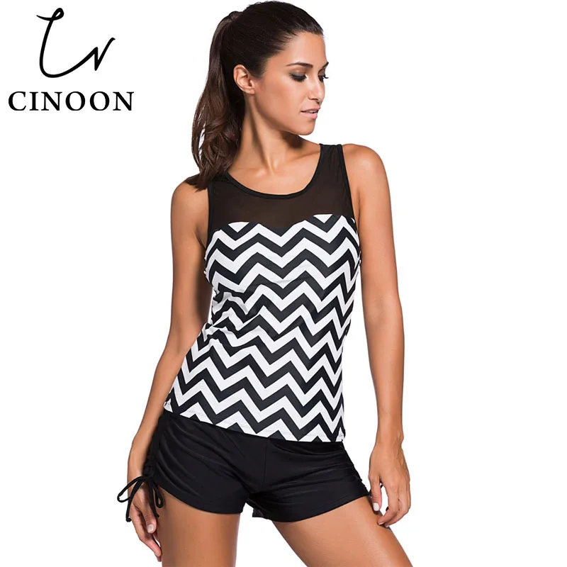 

CINOON High Quality 2018 Summer Plus Size Bikini Tops Swimwear For Women Black White Zigzag Print Mesh Splice Tankini Beachwear