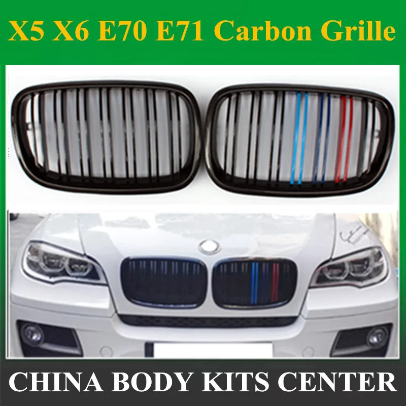 

1 Pair Carbon Glossy Black M-Color Front Grille Grill Double Slat Kidney for BMW X5 X6 E70 E71 2007-2013