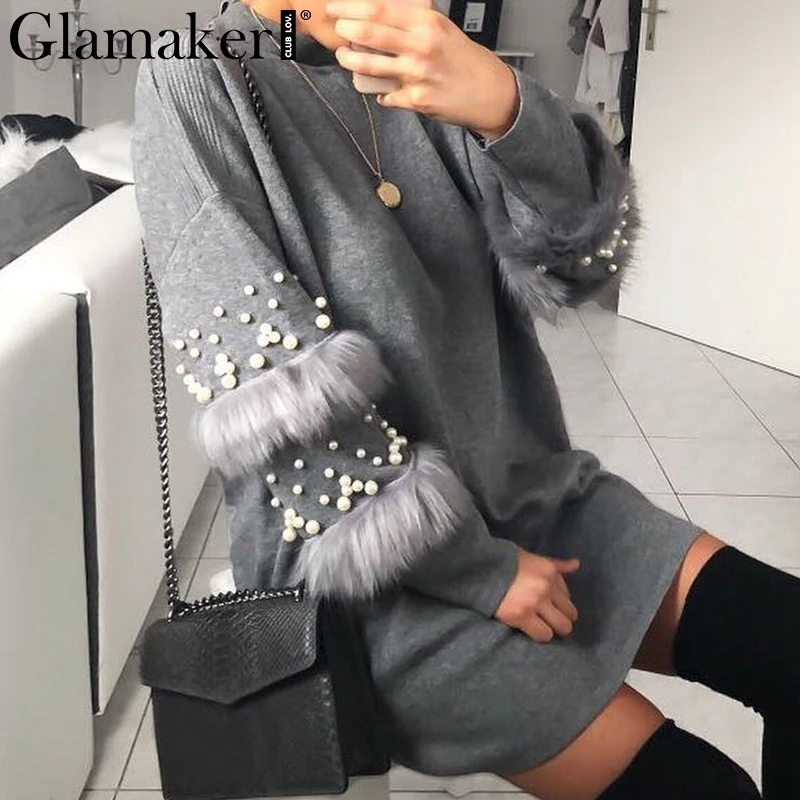 Glamaker Pompom fur pearl knitted long jumper Women grey turtleneck autumn sweater dress Female winter pullover pull femme 2019
Glamaker Pompom fur pearl knitted long jumper Women grey turtleneck autumn sweater dress Female winter pullover pull femme 2019