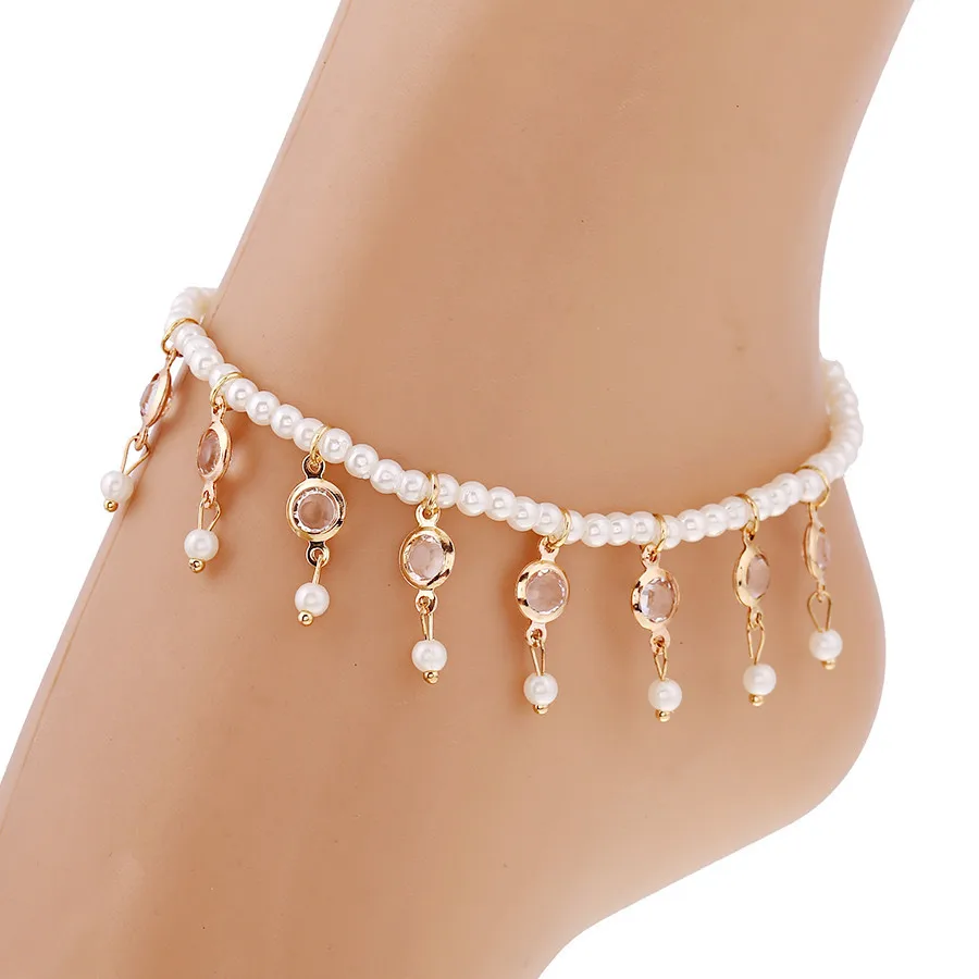 

AOMU Gold Color Imitation Pearl Tassel Crystal Anklets For Women Stainless Steel Shoe Boot Leg Chain Bracelet Foot Jewelry