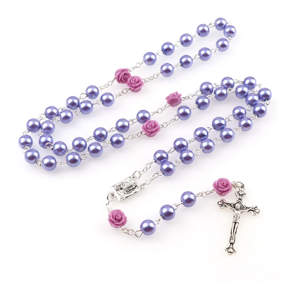 

8mm 3 Color Imitation Pearl Bead Rosary Beads Holy Rosaries Necklace With Rose Flower Silver Cross Lourdes Center Rosary