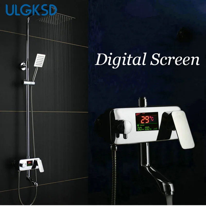 

ULGKSD Bathroom Shower Faucet Chrome Finish 8 inch Shower Head Temperature Display W/ Hand Shower System Head Sprayer Mixer Tap