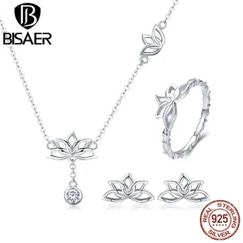 BISAER Real 925 Sterling Silver Lotus Flower Earrings Ring Necklaces Women Jewelry Sets for Women Sterling Silver Jewelry WES067
BISAER Real 925 Sterling Silver Lotus Flower Earrings Ring Necklaces Women Jewelry Sets for Women Sterling Silver Jewelry WES067