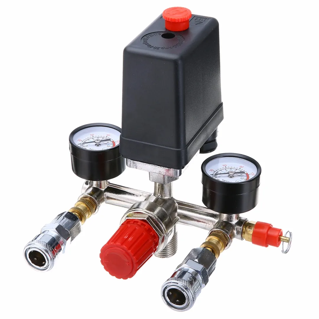 90-120PSI Air Compressor Pressure Control Valve Switch Assembly Manifold Regulator Gauges With Red ON/OFF Switch Knob Control
90-120PSI Air Compressor Pressure Control Valve Switch Assembly Manifold Regulator Gauges With Red ON/OFF Switch Knob Control