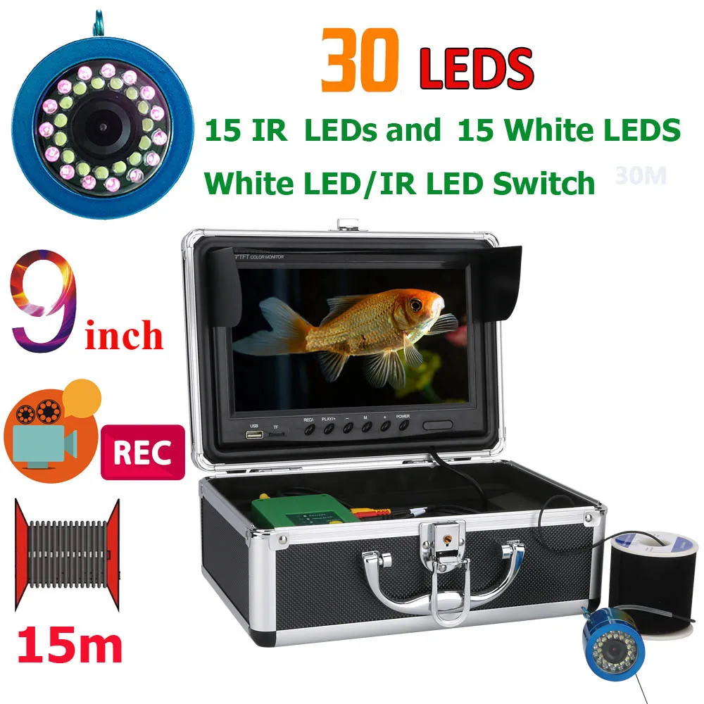 9" Inch DVR Recorder 15M 1000TVL Fish Finder Underwater Fishing Camera 15pcs White LEDs + 15pcs Infrared Lamp For Ice/Sea/River
9" Inch DVR Recorder 15M 1000TVL Fish Finder Underwater Fishing Camera 15pcs White LEDs + 15pcs Infrared Lamp For Ice/Sea/River