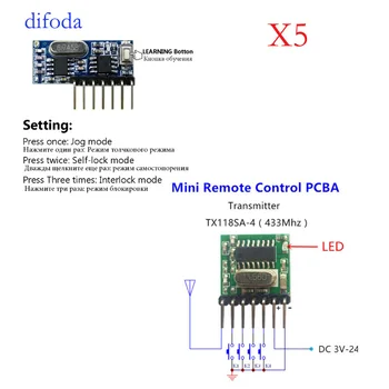 difoda 5 Set 433Mhz Wireless Receiver Transmitter Remote Control Learning Code 1527 Decoder Module 4 CH output Learning Button
difoda 5 Set 433Mhz Wireless Receiver Transmitter Remote Control Learning Code 1527 Decoder Module 4 CH output Learning Button