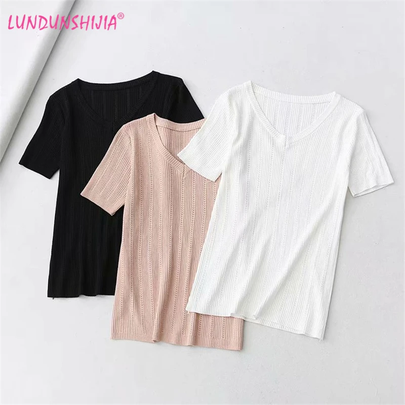 LUNDUNSHIJIA 2019 Summer Ice Silk Stretch Knitting T-shirts For Women Short Sleeve V-neck All Match Basic Tee Tops 3 Colors
LUNDUNSHIJIA 2019 Summer Ice Silk Stretch Knitting T-shirts For Women Short Sleeve V-neck All Match Basic Tee Tops 3 Colors