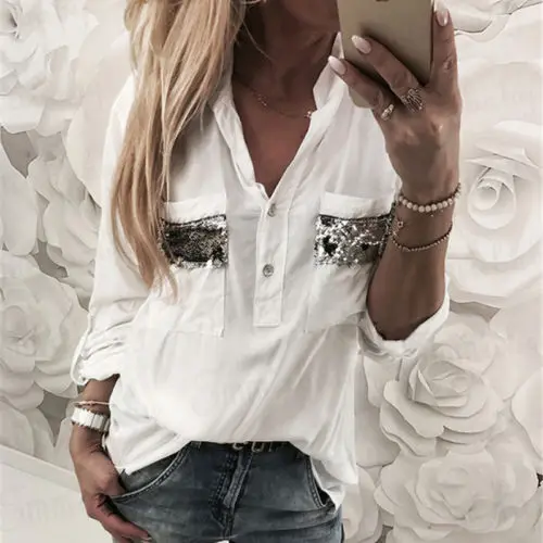 Women Lady Long Sleeve Shirt Ladies Paillette Blouse Summer Fashion Loose Casual Tops Pure White
Women Lady Long Sleeve Shirt Ladies Paillette Blouse Summer Fashion Loose Casual Tops Pure White