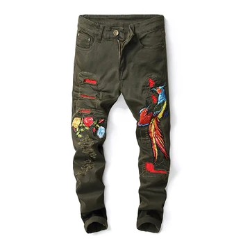 

2019 New Hip Hop Famous Flower Phoenix Embroidered Jeans Straight Slim Fit Mens Army Green Biker Hole Distressed Denim Trousers