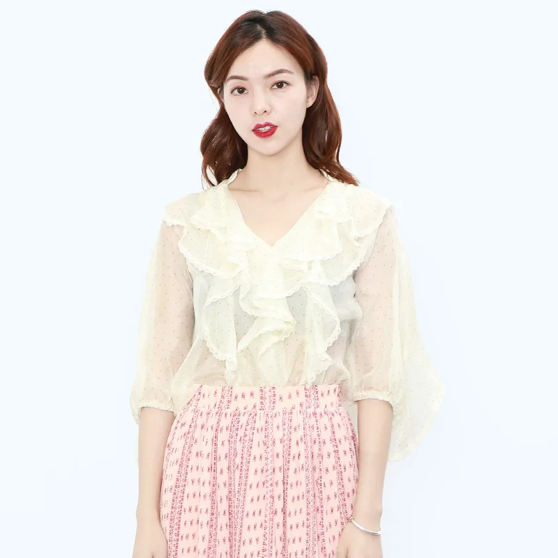 Polka Dot Chiffon Blouse Ruffle Womens Tunic Shirts 3/4 Sleeve See Through V-neck V Neck Women Blouses Sexy Korean Pink
Polka Dot Chiffon Blouse Ruffle Womens Tunic Shirts 3/4 Sleeve See Through V-neck V Neck Women Blouses Sexy Korean Pink