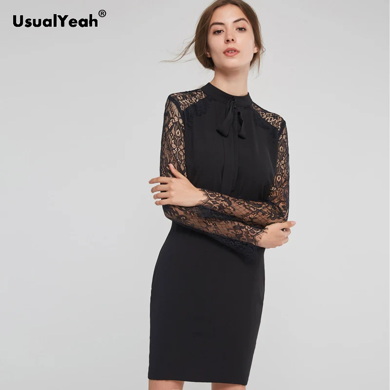 USUALYEAH Black Elegant Lace Insert Women Wrap Dress Bow Front Stand Collar Slim Fit Office Ladies Mini Dress for Spring Autumn
USUALYEAH Black Elegant Lace Insert Women Wrap Dress Bow Front Stand Collar Slim Fit Office Ladies Mini Dress for Spring Autumn
