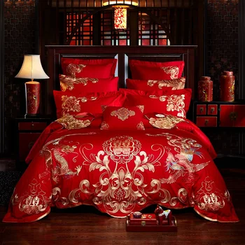 Red Luxury Wedding Style Gold Loong Phoenix Embroidery Bedding Set 100% Cotton Duvet Cover Bed sheet/Linen Bedspread Pillowcases
Red Luxury Wedding Style Gold Loong Phoenix Embroidery Bedding Set 100% Cotton Duvet Cover Bed sheet/Linen Bedspread Pillowcases