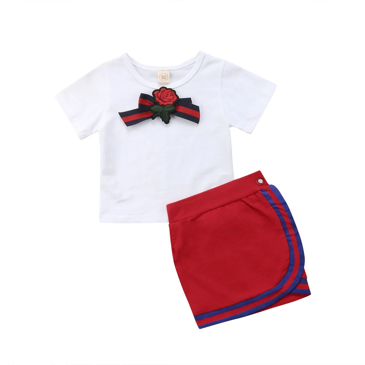 Girl Bow Flower Tie Tops Short Sleeve T-shirt Skirts 2pcs Cotton Outfits Set Newborn Kids Baby Girls Clothes Sets 1-5T | Мать и ребенок