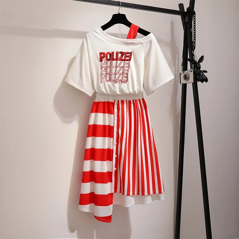 limiguyue XL-5XL women 2 piece set sequins letter tops irregular striped skirt suit tshirt skirt set summer Women's Set T435
limiguyue XL-5XL women 2 piece set sequins letter tops irregular striped skirt suit tshirt skirt set summer Women's Set T435