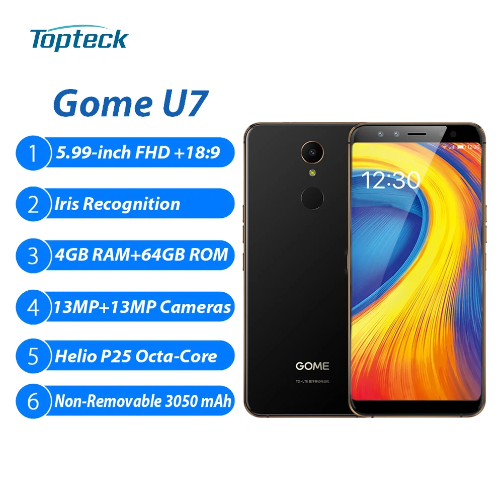 

Gome U7 4GB 64GB Mobile Phone 5.99Inch FHD Iris Recognition Helio P25 Octa Core 3050mAh Quick Charge Fingerprint 4G Smartphone