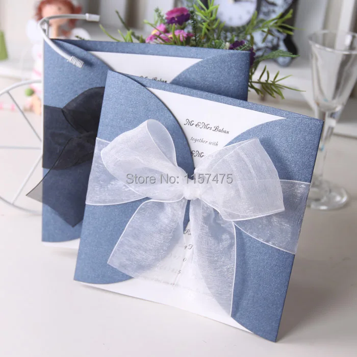 HI1087-02 Nice Blue and White Invitation Card with Organza Ribbon Bow.JPG