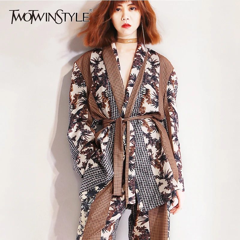 TWOTWINSTYLE Print Patchwork Two Piece Set For Women Long Sleeve With Sashes Blazer High Waist Hit Color Pants Suits Female 2019
TWOTWINSTYLE Print Patchwork Two Piece Set For Women Long Sleeve With Sashes Blazer High Waist Hit Color Pants Suits Female 2019