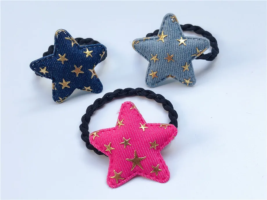 

Boutique 15pcs Fashion Cute Denim Star Hair Ties Gold Star Cartoon Elastic Hair Bands Princess Headwear Girls Hair Accessories