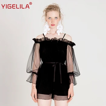 YIGELILA Latest Women Black Slash Neck Playsuits Fashion Spaghetti Strap Lantern Sleeve Empire Slim Solid Mesh Playsuits 5532