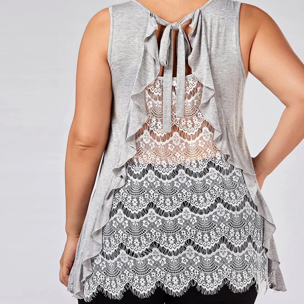 Plus Size Fashion Women Ruffles Lace O-Neck Backless Lace Tie Tee Top Ladies Shirt Casual Sleeveless Blouse Summer Female Blusa
Plus Size Fashion Women Ruffles Lace O-Neck Backless Lace Tie Tee Top Ladies Shirt Casual Sleeveless Blouse Summer Female Blusa
