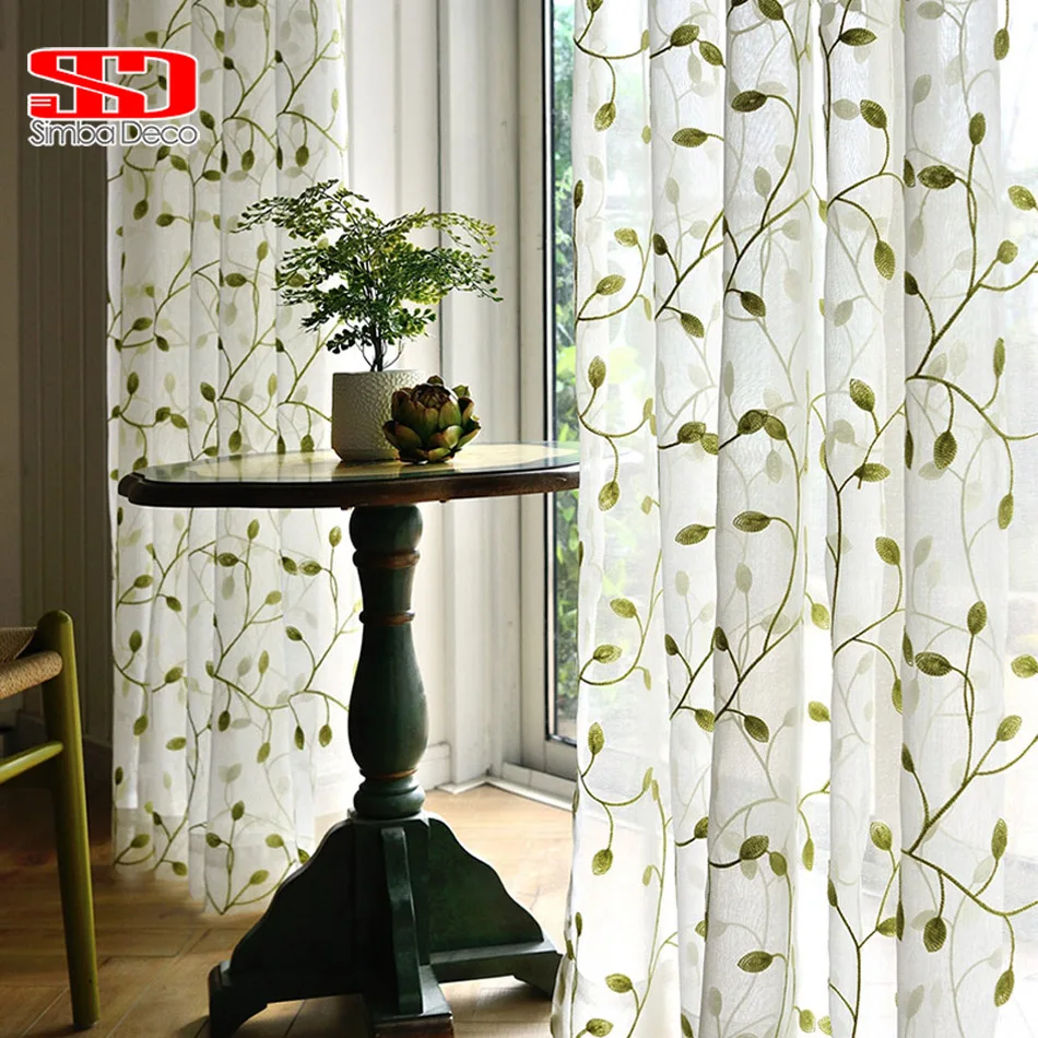 Фото Вышивка листьями тюлевые занавески для гостиной зеленые оконные - купить