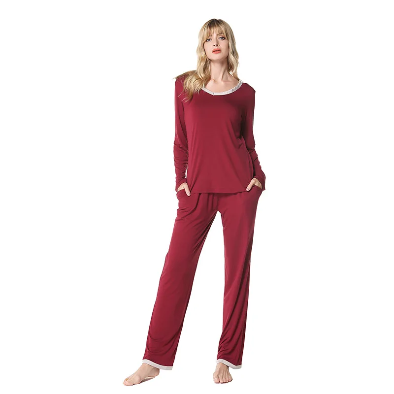 2019 Autumn Two-Piece sets Women Modal pajama Female long sleeve O-neck collar t shirt + pants Ladies Simple sleepwear suit | Женская