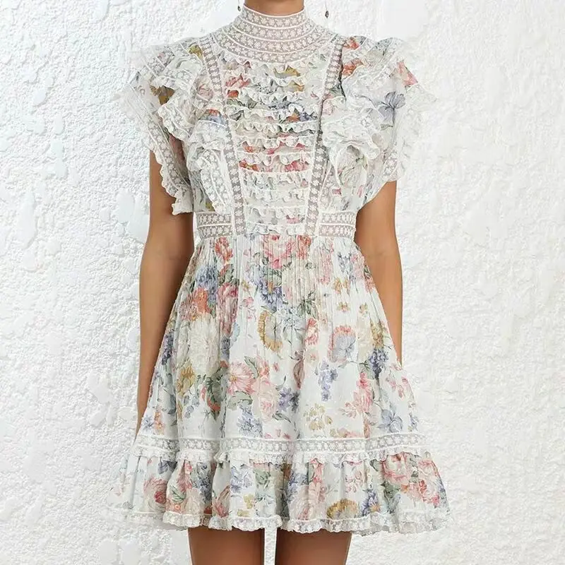 

2019 New arrive Runway desgin High Quality Fashion Luxury dress Women flower print Sexy sleeveless Lace Dresses vestidos robe