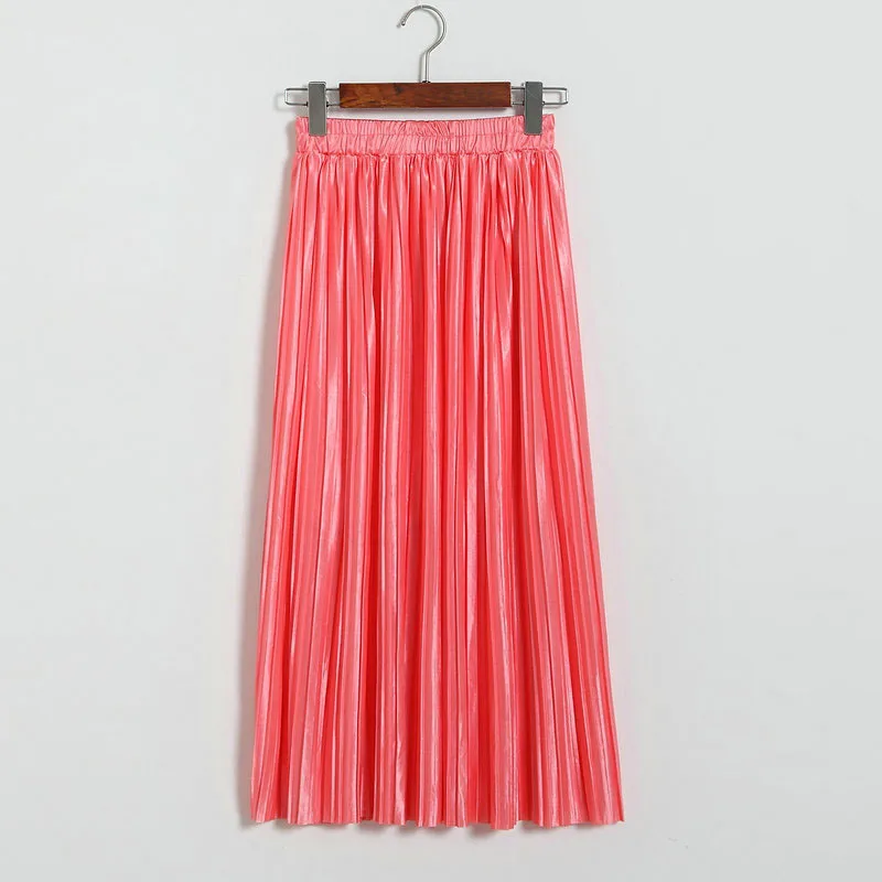 Lustrous pleated skirt metallic mid-length skirt for women of fall 2017 new Korean style joker long skirt (9)