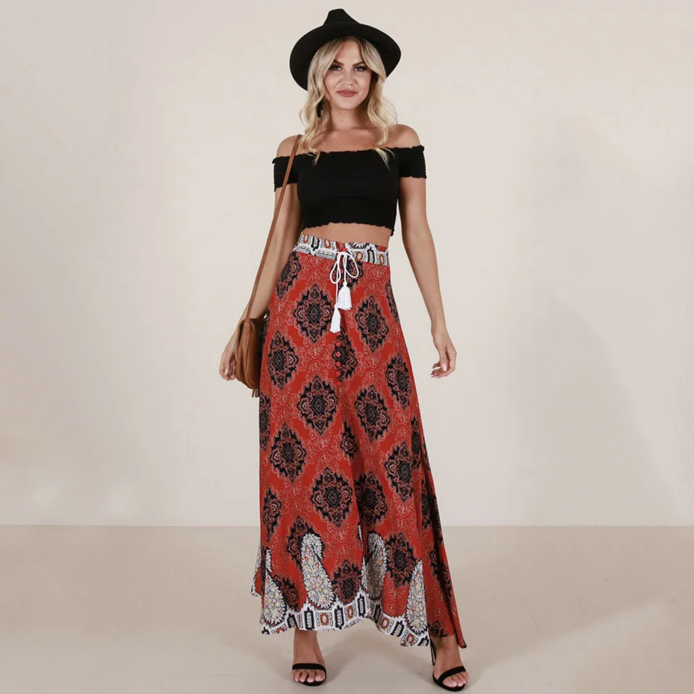 Boho New Women Printed Long Skirt Elastic High Waist Tassel Drawstring Buttons Ethnic Summer Holiday Beach Skirts Ladies Bottoms
Boho New Women Printed Long Skirt Elastic High Waist Tassel Drawstring Buttons Ethnic Summer Holiday Beach Skirts Ladies Bottoms